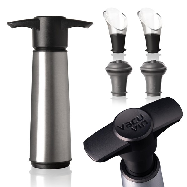 Vacu Vin Wine Saver - Stainless Steel - 1 Pump 2 Stoppers 2 Servers - Wine Stoppers for Bottles with Vacuum Pump and Pourer - Reusable - Made in the Netherlands