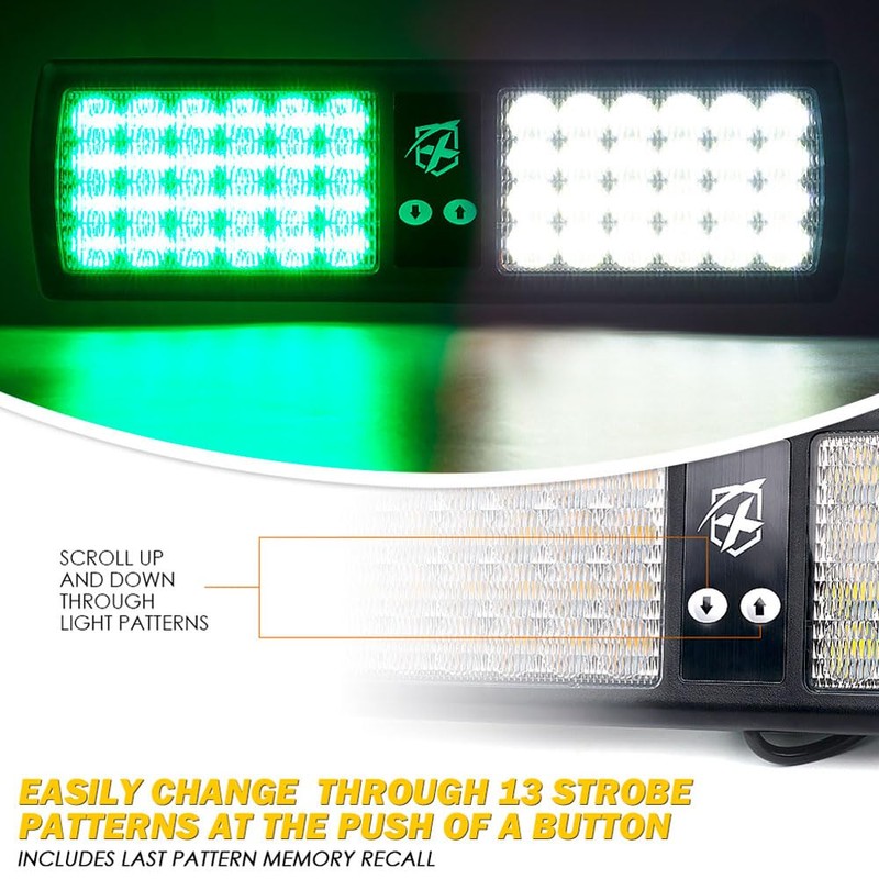 Xprite White Green 48LED Visor Strobe Flashing Lights Interior Windshield