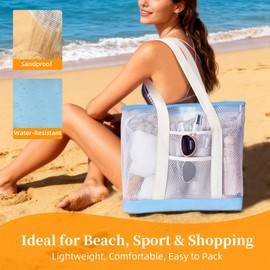 PureSprout Extra Large Mesh Beach Tote Bag for Women with Zipper Sandproof Waterproof 9 Pockets Foldable Storage Pouch & Pockets Beach Bag for Pool Travel Shopping Vacation Family (Blue)