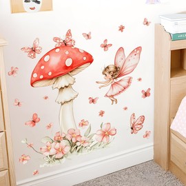 DRWSSR 2 Sheets Removable Cute Mushroom Fairy Wall Decals DIY Green Plants and Flower Wall Decals Peel and Stick Pink Butterfly Decal for Girls Home Nursery Bedroom Bathroom Decor
