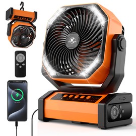 KITWLEMEN Camping Fan with Light - 20000mAh Rechargeable Battery Fan, 60Hrs Max Run Time, 4 Speeds, Timer, Auto Oscillation, 270° Pivot & Hook for Camping, Power Outage, Hurricane