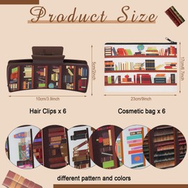 Chuangdi 6 Sets Book Hair Clips for Women and Canvas Cosmetic Bags Bulk Funny Teacher Claw Clips and Makeup Bags Set for Teachers Appreciation Book Lovers Gift Birthday Thanksgiving Christmas Party