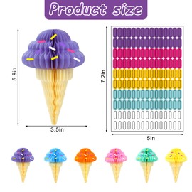 Whaline 12Pcs Summer Ice Cream Hanging Honeycomb Balls 6 Colors Sundae Paper Ceiling Decorations Tissue Paper with Confetti Stickers for Birthday Baby Shower Party Favor