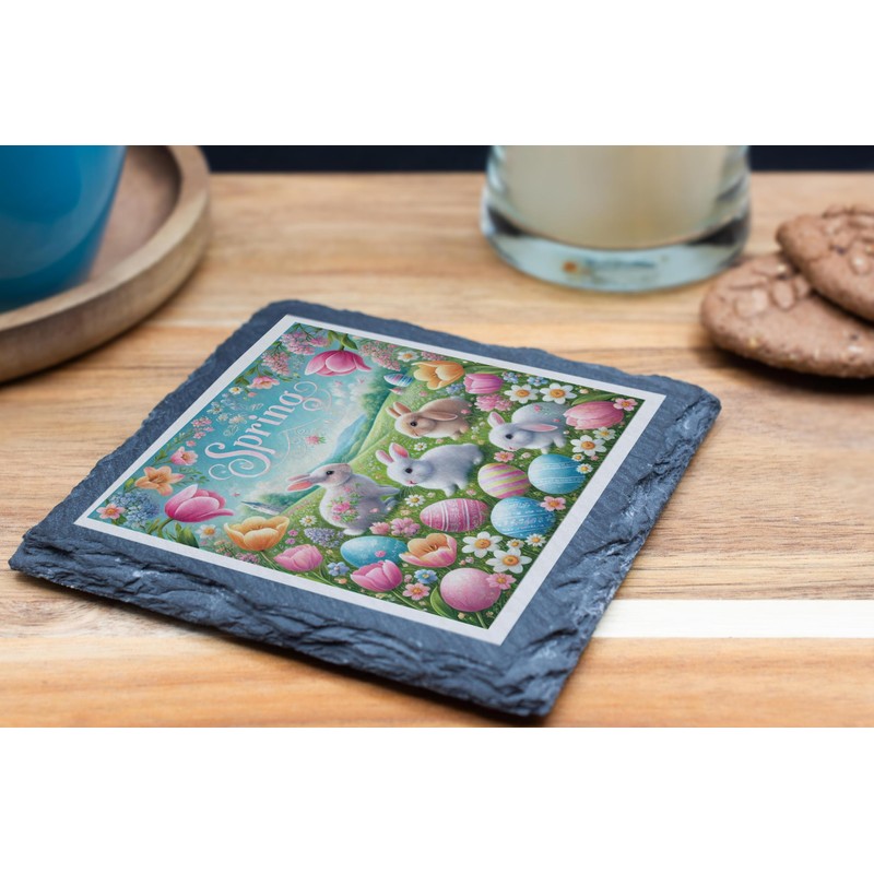 Spring Bunnies Slate Coaster – Festive Easter Decor with Adorable