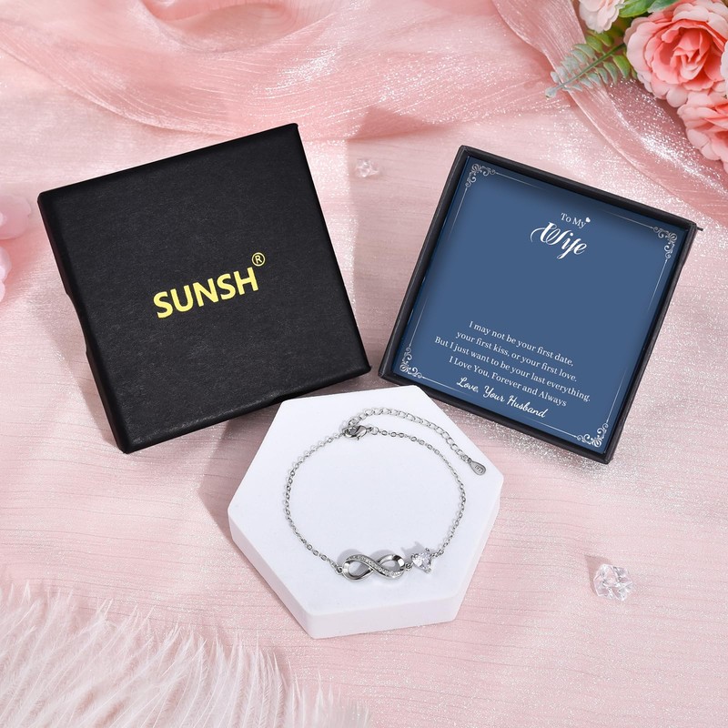 SUNSH Bracelets for Womens, Silver 5A Zirconia Infinity Heart Bracelet,