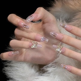 Pure Handmade Nails Press on Nail Reusable Fake Nails Golden RhineStones Bling Bling Medium Stick on Nails French Tip False Nails 10pcs (M, Q309 NAILS)