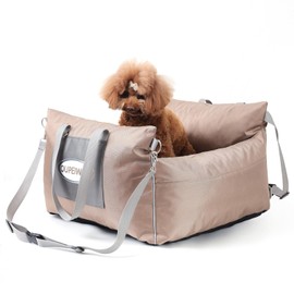 OUPEIWAWA Dog Car Seats for Small & Medium Dogs, Waterproof Dog Booster Seat with Storage Pockets Soft Travel Bed with Clip-On Safety Leash and Secure Straps Puppy Travel Carrier Bed, Light Brown