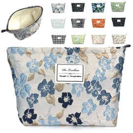 znmeny Women's Makeup Pouch, Cosmetic Pouch, Large Capacity, Cute, Stylish, Square, Storage Pouch, Portable, For Travel, Blue Floral on White Background