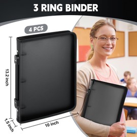 Teling 4 Pcs Zipper Binder with 3 Ring Zipper 1 Inch Binder, Refillable Plastic Clear Binder File Organizer Planner for Projects, Assignments, Memos, School Work, 13.2 x 10 Inch (Black)
