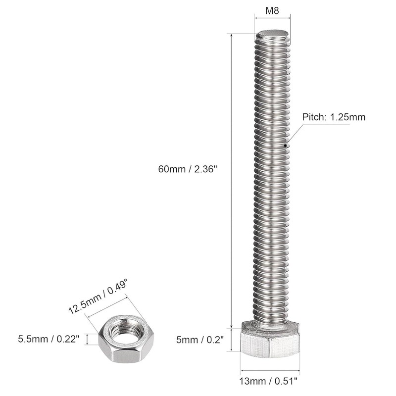 Boxonly M8x60mm Hex Head Screws Bolts, Nuts, Flat & Lock