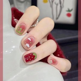 Nail Tip, Short, 24 Pieces, False Nail Tip, Red, Strawberry, Popular, Japanese Style, Cute, Simple, Fashionable Party, Autumn, Spring, Summer, Daily Life, Bridal Nail Design, Coming of Age Ceremonies,