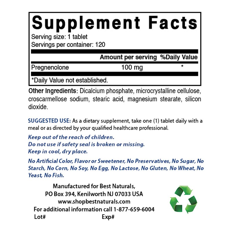 Best Naturals Pregnenolone 100 mg 120 Tablets (120 Count (Pack