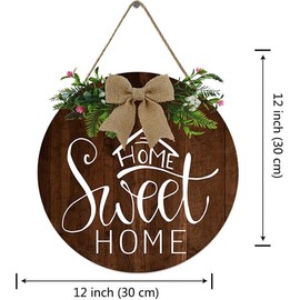 Fenarenes Home Sweet Home Wreaths Decor Sign Front Door, Round Wood Hanging Sign with Ribbon Bow and Artificial Green Leaves, Farmhouse Porch Decorations for Home Thanksgiving 12x12 In