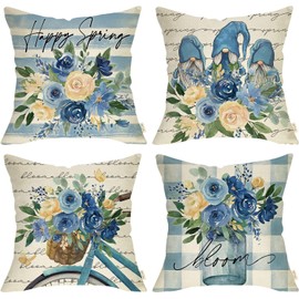 BAOKU Decorative Cushion Cover, 45 x 45 cm Set of 4 light blue Flowers Pattern Cotton and Linen Pillowcase 18 x 18 inches