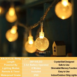 ANJAYLIA - Cadena de luces LED de 60 pies, funciona con pilas, impermeable, para fiestas, hogar, recámara, decoración de Navidad, blanco cálido