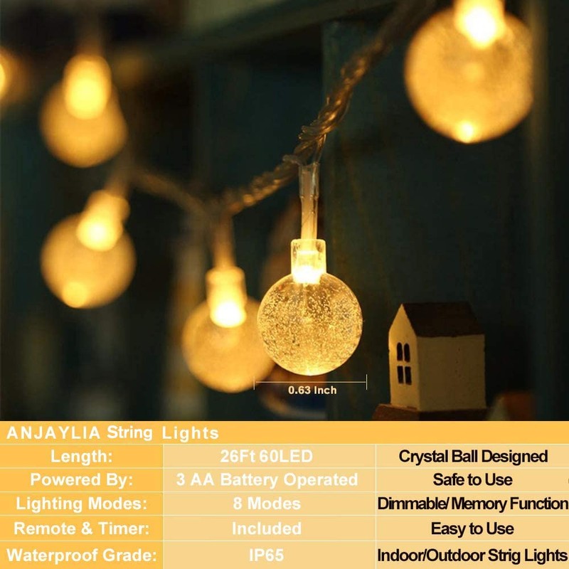 ANJAYLIA - Cadena de luces LED de 60 pies, funciona