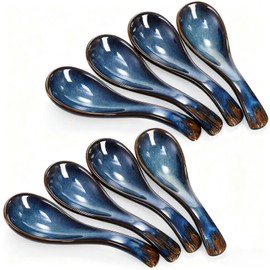 Cididu Set of 8 Asian Soup Spoon Ceramic, Blue Chinese Soup Spoons with Non-Slip Bottom, Retro Porcelain Japanese Pho Spoons for Ramen, Wonton, Noodle, Miso, Dumpling, Dishwasher Safe, 5.2" L