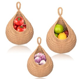 Fruit Basket Hanging Wall, Pack of 3 Boho Hanging Basket, Fruit Basket, Storage Baskets, Handwoven Jute Bag, Vegetable and Fruit Basket, Decorative Hanging Basket for Kitchen, Brown