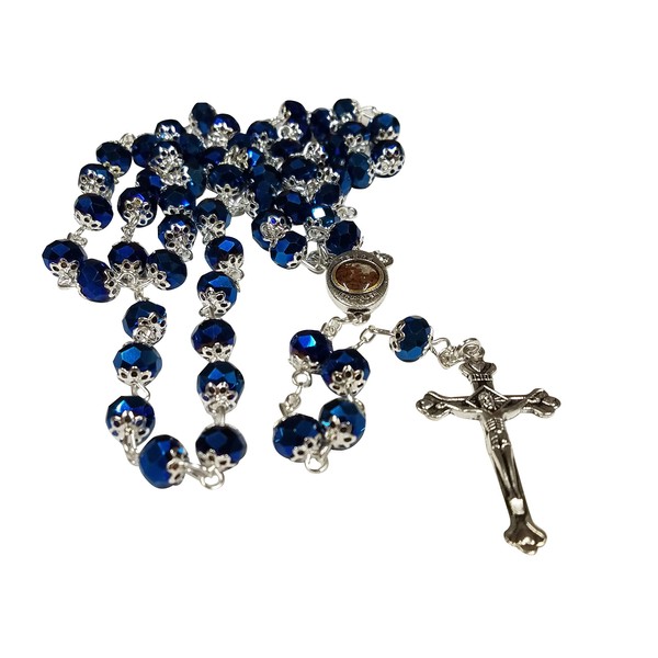 Deep Blue Crystal Beads Religious Rosary Catholic Necklace Holy Land Soil Medal Cross Crucifix