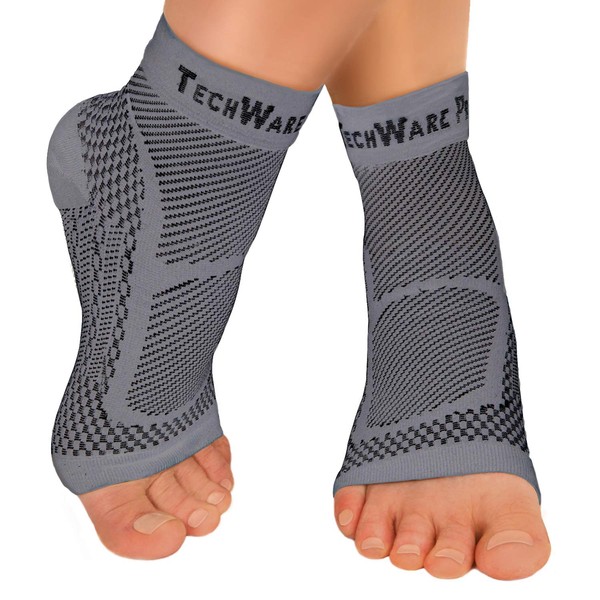TechWare Pro Ankle Brace Compression Sleeve - Relieves Achilles Tendonitis, Joint Pain. Plantar Fasciitis Foot Sock with Arch Support Reduces Swelling & Heel Spur Pain. (Gray, XXL)