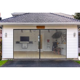 Garage Screen Doors for 1 car garage-12x7FT Fiberglass Durable Heavy Duty Magnetic Garage Door Screen Retractable Hands Free with 6 Roll Up Starps for Patio Workshop Home Gym Sun Room