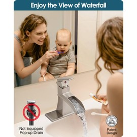 HOIGY Single Hole Bathroom Faucet 3 Hole (4 Inch), Brass Waterfall Faucet Single Handle, Bathroom Faucets Brushed Nickel Bathroom Sink Faucet with Deck Plate & Pre-Install Hoses Without Pop-up Drain