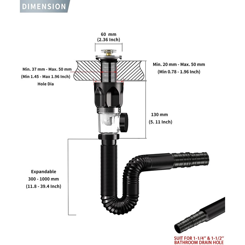 Bathroom-Sink-Drain-Kit: Flex-drain Kit with Flexible & Expandable P-trap Sink Drain