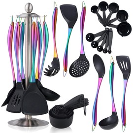 Silicone Kitchen Utensils Set for Cooking, 17pcs Cooking Utensils Set with Rotatable Holder, Heat-Resistant Silicone Spatula Set, Non-Stick Kitchen Tools with Mearing Cups, Turners, Ladle (Rainbow)