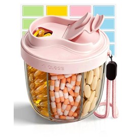 Mini Dispensador de Pastillas Semanal Portátil 7 Compartimentos - Material Grado Alimenticio Sin BPA, Antimezcla y Apertura Amplia, Incluye 20 Hojas de Etiquetas, para Viaje y Uso Diario (Rosa)