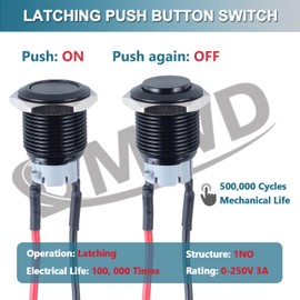 DMWD 2pcs 19mm Latching Metal Push Button Switch High Round Head Aluminium Shell with Pre-soldered Cable 3/4" Mounting Hole 1NO 12V 24V 36V 110V 220V Waterproof IP66 Without LED (Black)