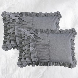 Softta 20x36 Gray Ruffle Bow Decoration Pillow Covers 2pcs Pillowshams Farmhouse 100% Cotton Grey Boho Retro Pillows Cases King/Cal King (NO Comforter NO Filling) Gray