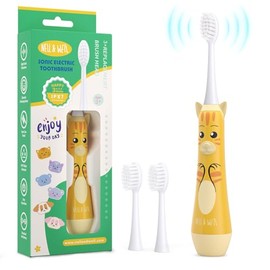 NELL&WELL Kids Electric Toothbrush, 2-Min Timer, 3 Modes with Memory, IPX 7 Waterproof, Battery Powered Kids Toothbrush with 3 Soft Bristles Heads for Children Boys and Girls Ages 3+ - Yellow Cat