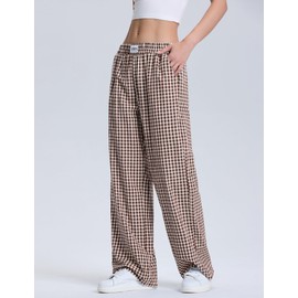 LOMON Women's Gingham Plaid Wide Leg Pants Cotton Boxers Pajama Lounge Pj Casual Trousers Y2K Flowy Bottoms with Pockets (Coffee White Plaid, XXL)