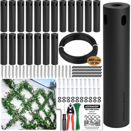 Acemaker Wire Trellis for Climbing Plants Outdoor, 20-Set Black ABS Plastic Wall Wire Trellis Kit with 1/8" x 65ft Vinyl Coated Cable & Cutter, Stainless Steel Cable Espalier System for Garden Fence