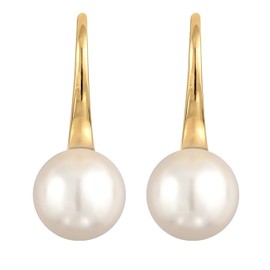 0301530322 Women's Earrings with Pearl Made of 925 Sterling Silver, Gold-Plated Silver Earrings with Round 10 mm Pearl, Golden Pearl Earrings for Women, Wedding Earrings, Silver, Pearl