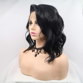 Xiweiya Short Black Curly Bob Wig with Side Parting Synthetic Lace Front Wig Short Black Soft Wig Replacement Wig for Women Drag Queen Makeup 14 Inch