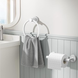 FORIOUS Toilet Paper Holder Wall Mount, SUS304 Stainless Steel Double Post Pivoting Tissue Roll Holder and Hand Towel Ring Set for Bathroom, RV, Bathroom Hardware Accessories Set, White