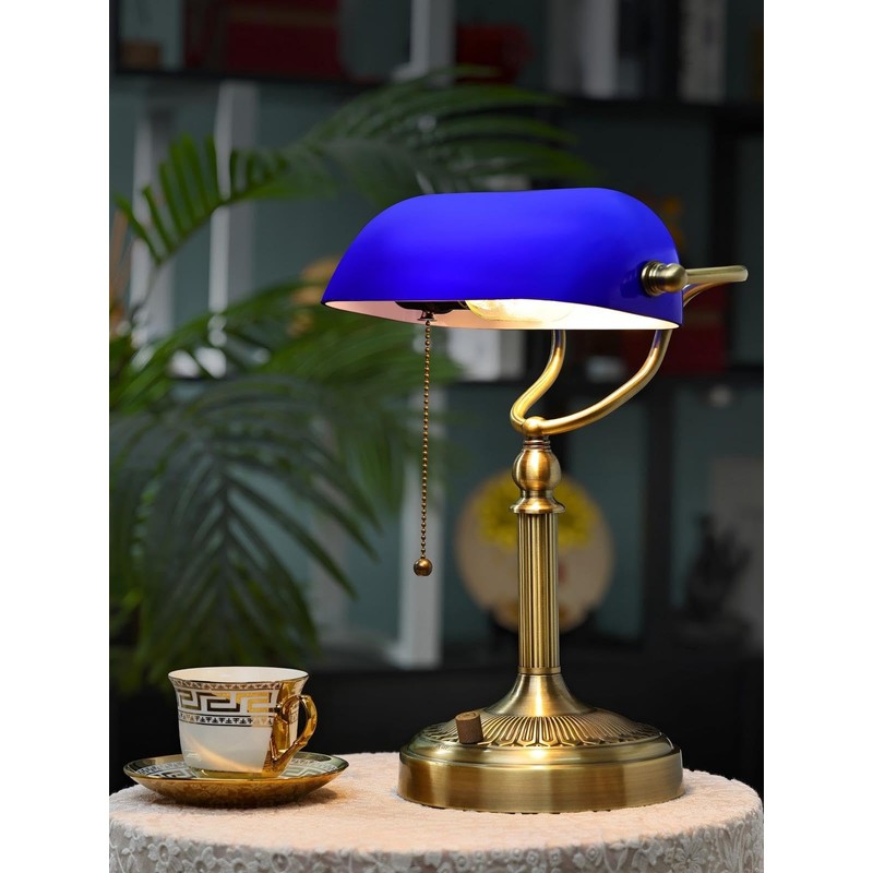 Newrays Blue Glass Bankers Desk Lamp, Stepless Dimmable Table Lamp