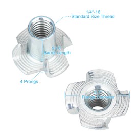 1/4"-20 T-Nuts (50 Pack), Zinc-Plated Steel Corrosion Resistant, 9/16" Barrel Length, 4-Pronged Tee Nut for Wood, Rock Climbing Holds, Cabinetry