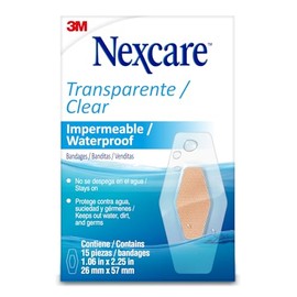Nexcare, 3M, Venditas Impermeables Transparentes, Resistente al agua, Tamaño Regular, Protegen Heridas Menores, sin Látex, Sello de 360 Grados, 26mm x 57mm, Caja de 15 pzs