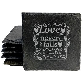 Faith and Hope: Laser Etched Enduring Love: Corinthians 13:8 Coasters with Flowers - Square Slate - set of 4