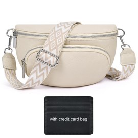 Aucuu Women's Bum Bag, Shoulder Bag, Women's Genuine Leather Crossbody Bag, Belt Bag, Women's Shoulder Bags with Wide Strap and Credit Card Holder, Beige Genuine Leather