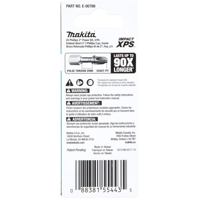Makita E-00789 Impact XPS™ #3 Phillips 2" Power Bit, 3/pk