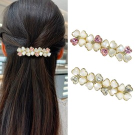 Snmzlc 2 Pcs Hair Barrettes for Women,Barrettes for Fine Thin Thick Hair,Flower Metal Rhinestone Cat's eye Vintage French Barrette Clips Hair Accessories for Women US406 (Pink + White)