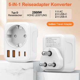 Denlane Travel Adaptor India, 5 in 1 Adapter Sri Lanka with 1 AC & 2 USB-C & 2 USB-A (3.4 A), 3-Pin Travel Plug Type D for India, Sri Lanka, Bangladesh, Iraq, Nepal, Nigeria Type D