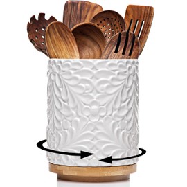 Extra Large 360° Rotating Utensil Holder for Kitchen Counter, 8.3” Cooking Utensil Holder for Countertop with Bamboo Base, White Ceramic Utensil Crock Canister for Cooking Utensils - Engraved Design