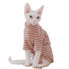 Sphynx Cats Warm Fleece Shirt Cat Turtleneck Undershirt Thermal Hairless Cat Clothes for Sphynx, Devon, Cornish Cat Clothes and Small Kitten and Dogs (Coffee Bold Stripe, Large)