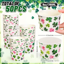 JarThenaAMCS 50 Packs St. Patrick's Day Shamrock Snack Cups Watercolor Pink Green Clover Disposable Bowls 9oz Dessert Food Treat Paper Bowls for Irish Holiday Party Supplies