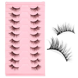 Kifmurase 10 Pairs Half False Eyelashes with Clear Band, Natural Look Wispy Reusable Super Thin Cluster Fake Eyelashes Cat Eye Lash, Fluffy Soft 3D Faux Mink Volume False Eyelash for Daily Makeup