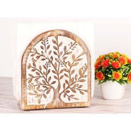 Wooden White Wash Tree of Life Tissue Paper Holder with Full Size Decorative Napkin Stand Tissue Paper Organizer for Home & Kitchen Dining Table Stand